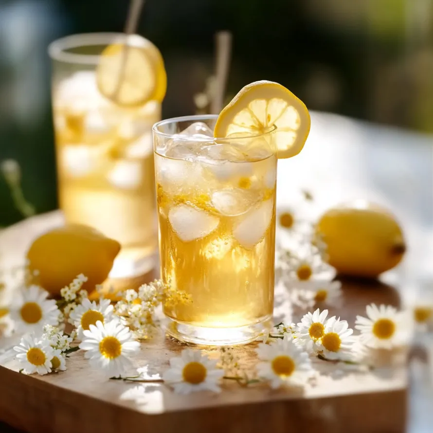 Two glasses of lemonade with lemon slices in them.