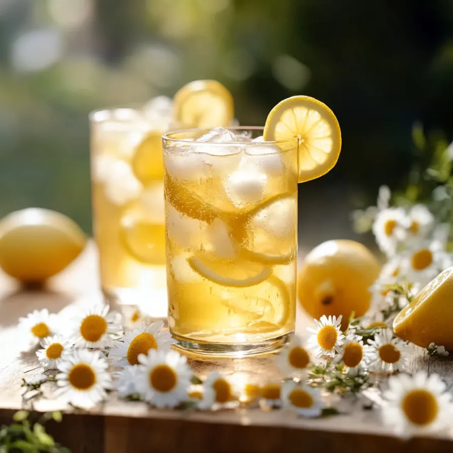 Two glasses of lemonade with lemon slices in them.