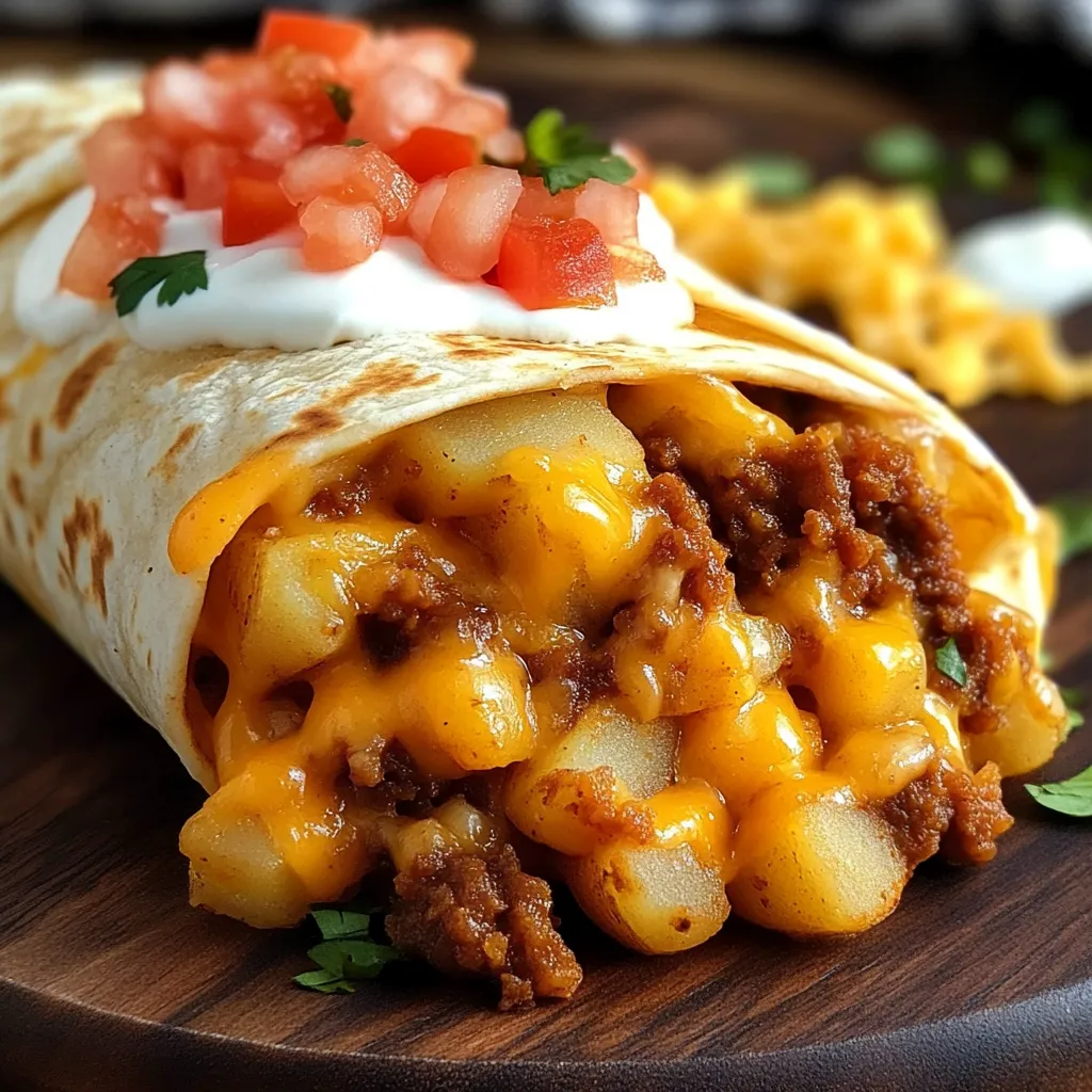 A burrito with cheese and tomatoes.