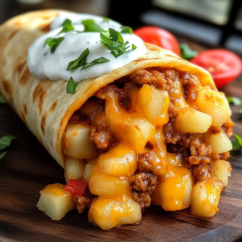 A burrito with cheese and tomatoes.