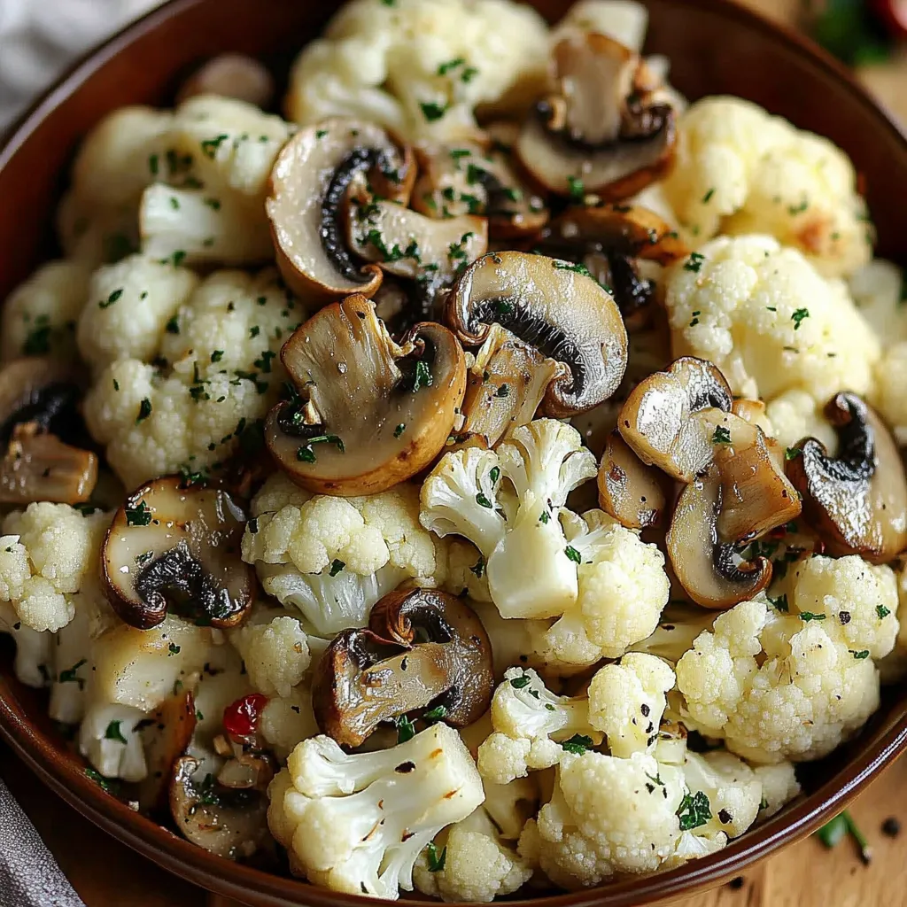 A bowl of mushrooms and cauliflower.
