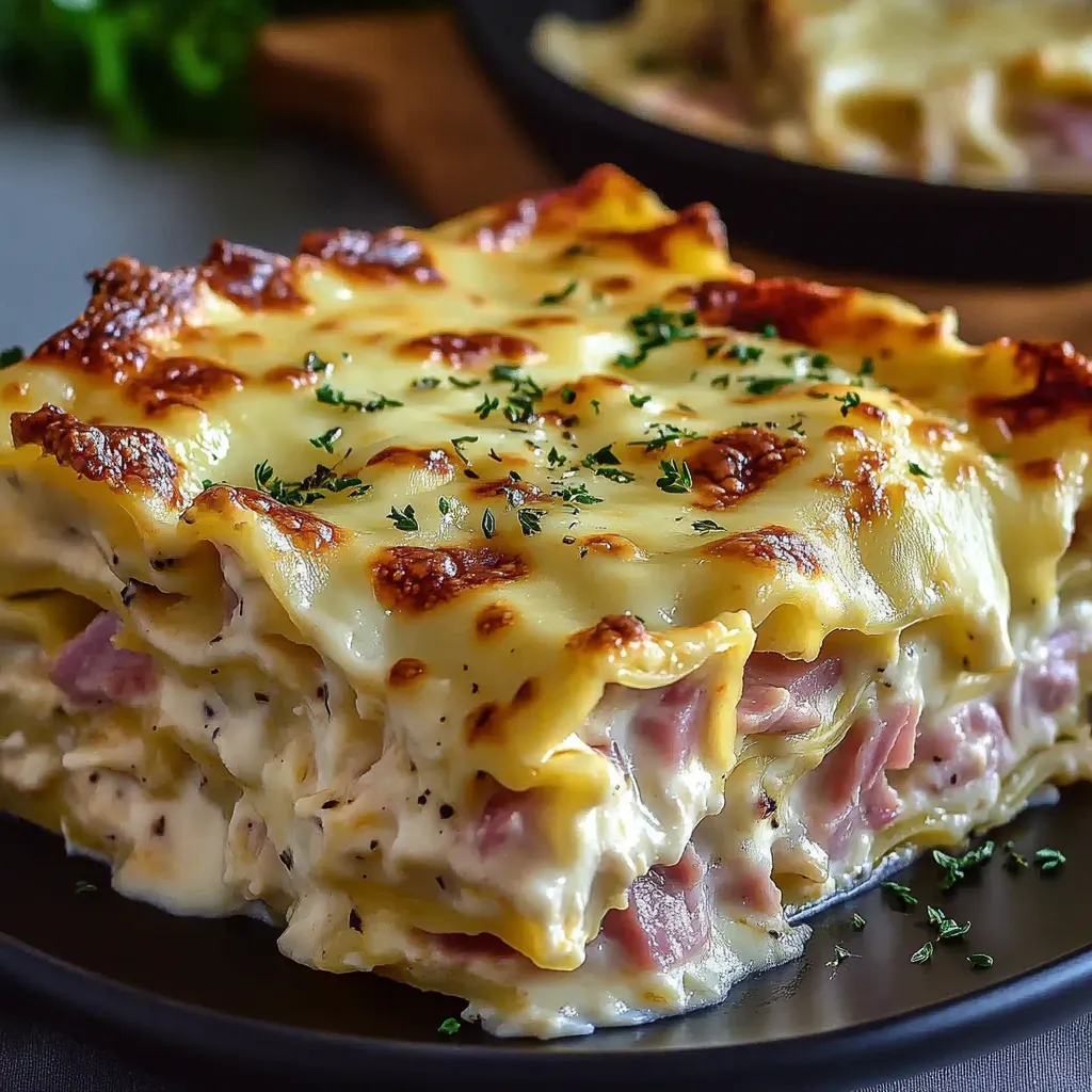 A casserole dish with a slice of cheese and ham.