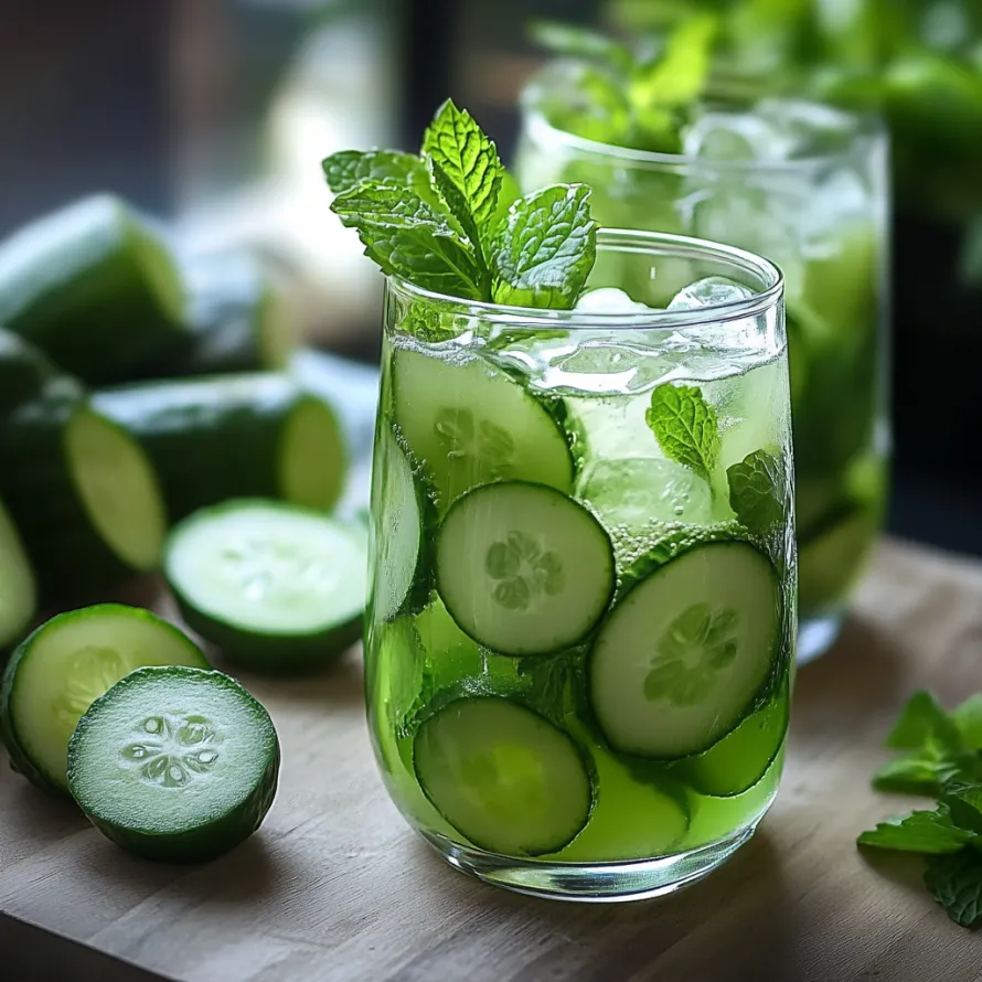 A glass of cucumber water with a slice of cucumber in it.