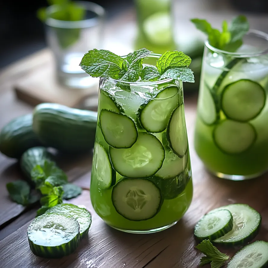 A glass of cucumber juice with a slice of cucumber in it.