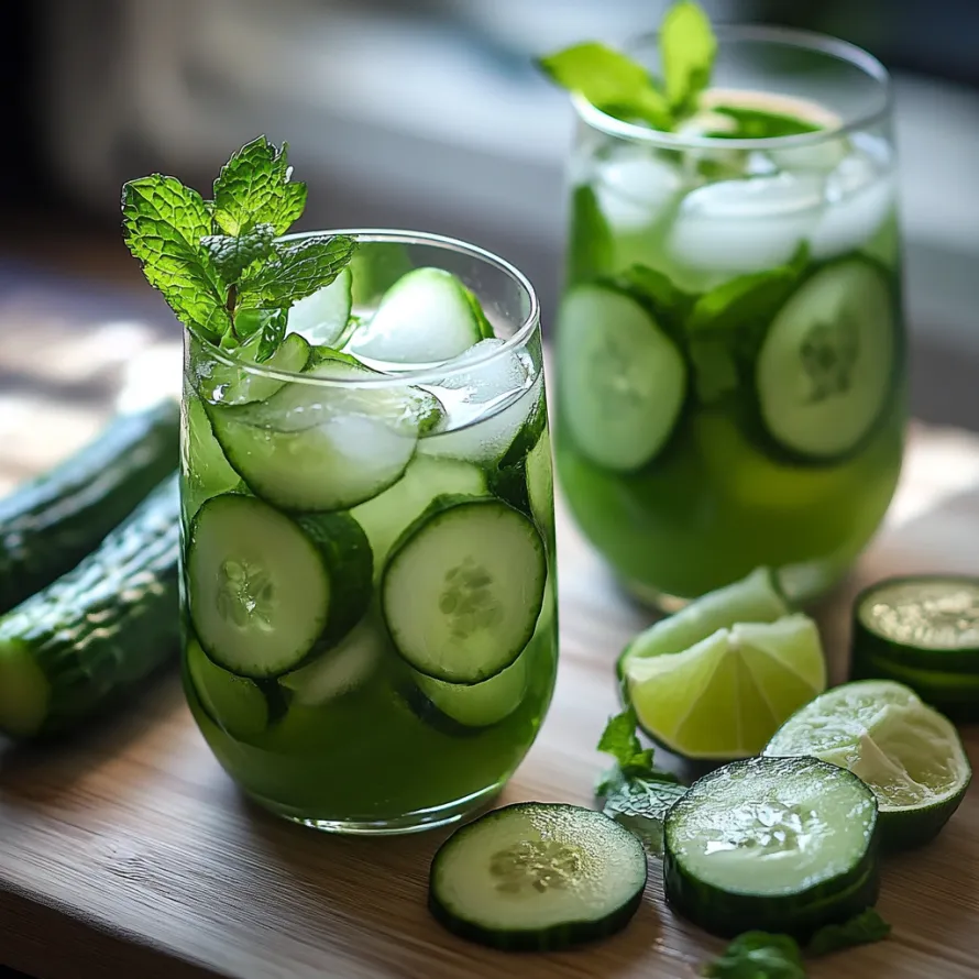 Two glasses of cucumber water on a table.