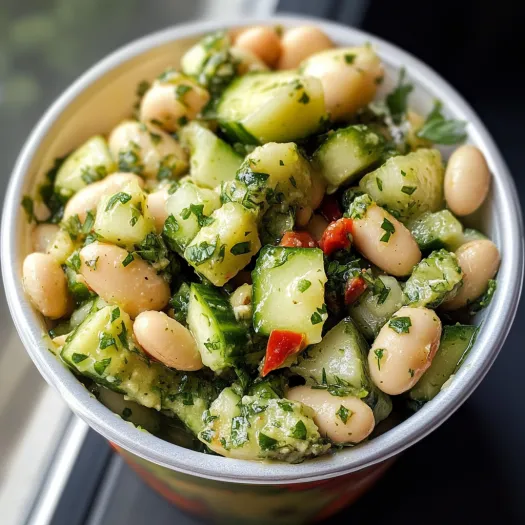 A bowl of food with green beans, red peppers, and chickpeas.