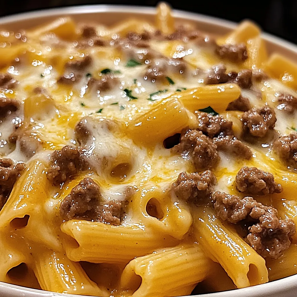 A bowl of pasta with meat and cheese.