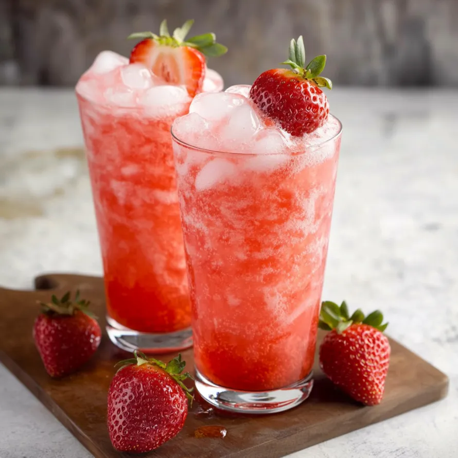 Two glasses of red drink with strawberries.