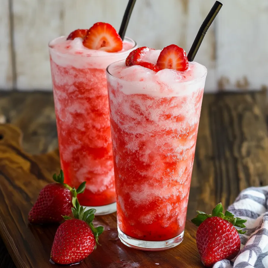 Two glasses of red strawberry milk.