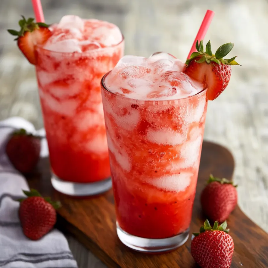 Two glasses of red drink with strawberries.
