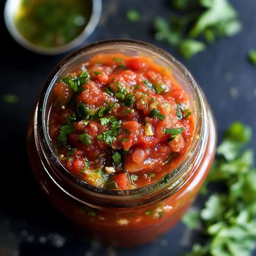 A jar of salsa with green toppings.
