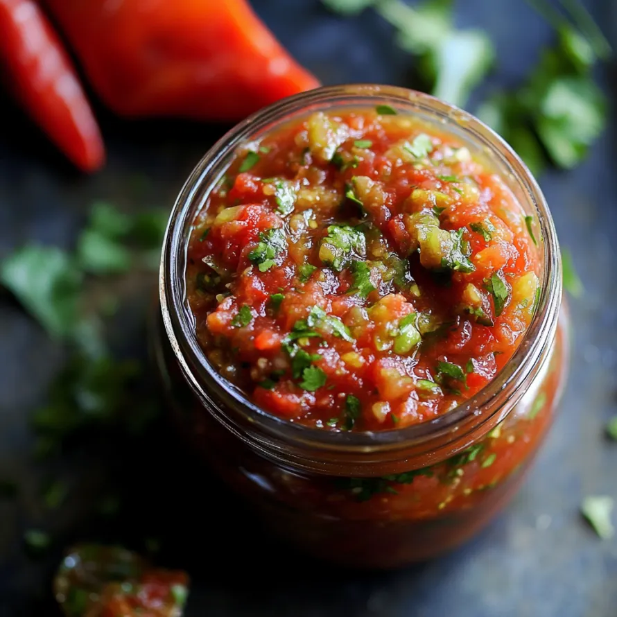 A jar of salsa with a red pepper in it.