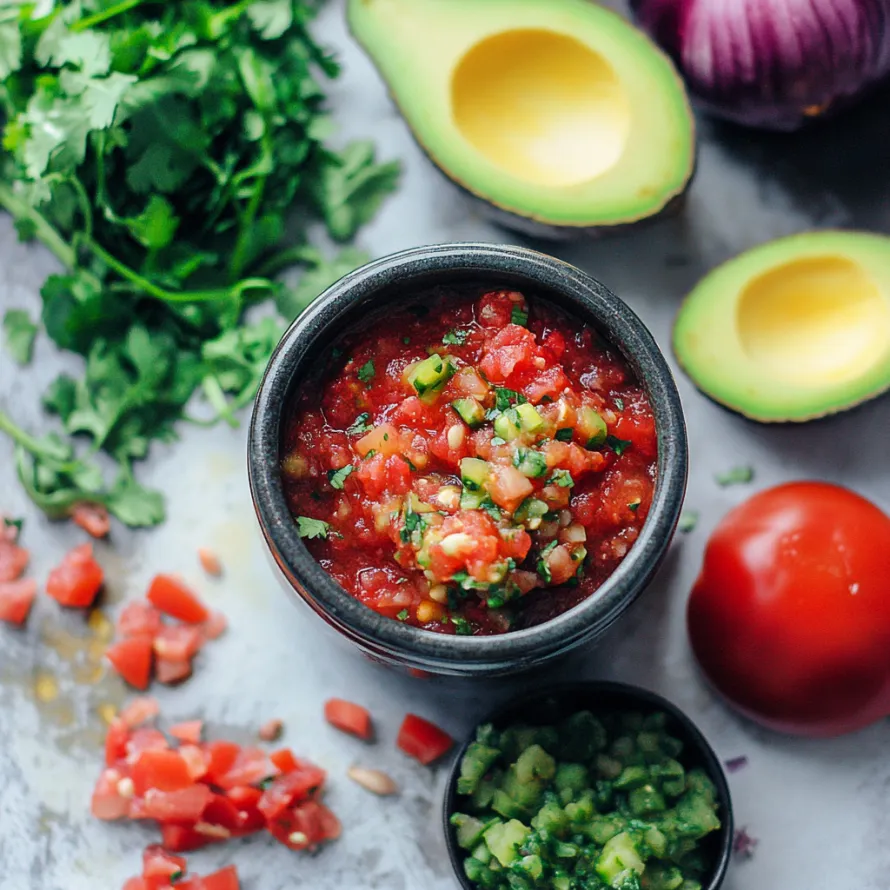 A bowl of salsa with avocado and tomatoes.
