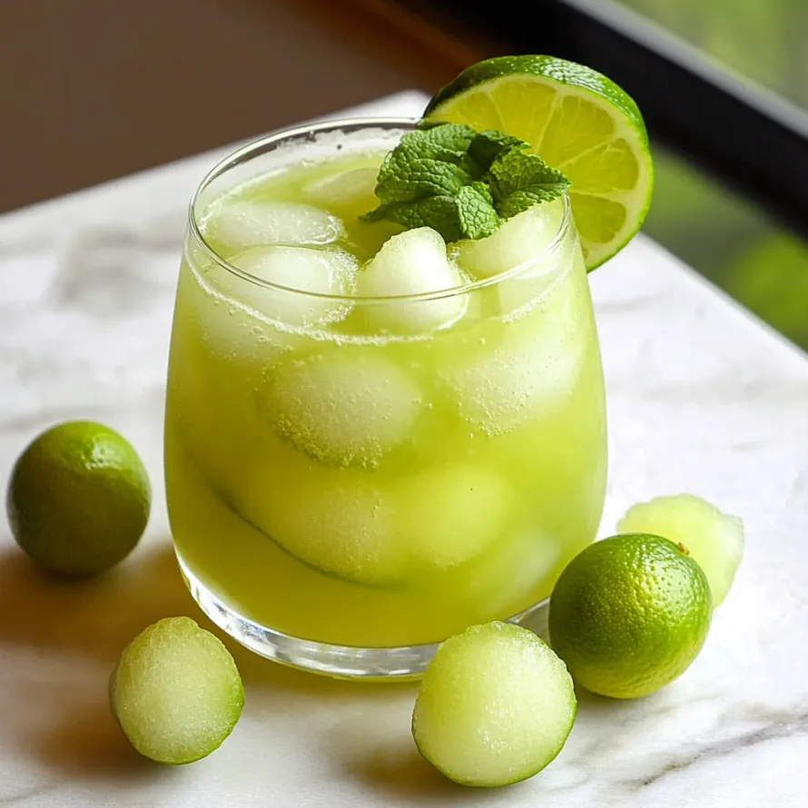 A glass of green drink with limes and mint.