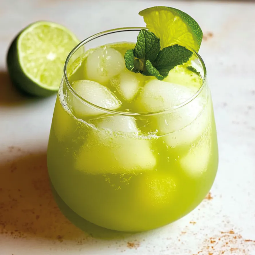 A glass of limeade with a lime wedge on the side.