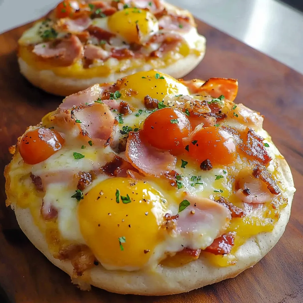 Two pizzas with tomatoes and ham on a wooden table.