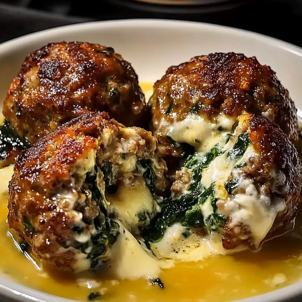 A bowl of food with meatballs and cheese.