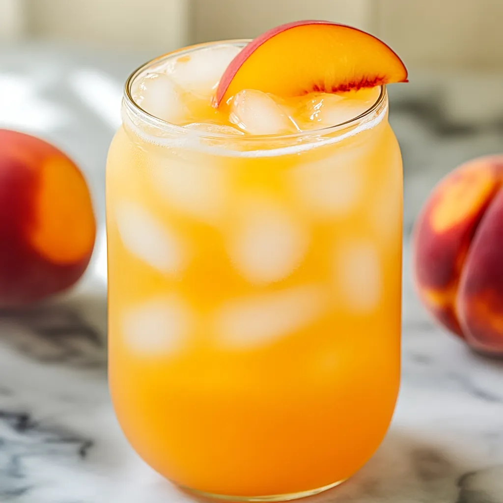 A glass of peach juice with a slice of peach on top.