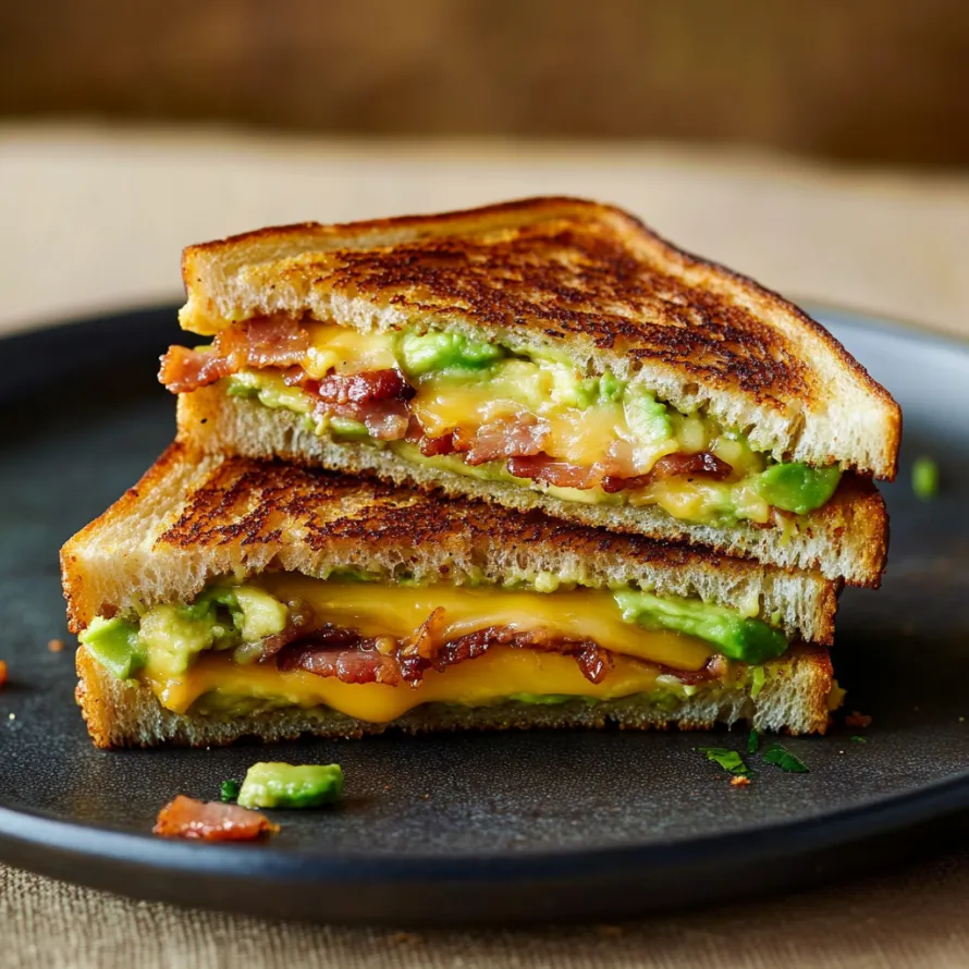A sandwich with bacon and avocado on a plate.