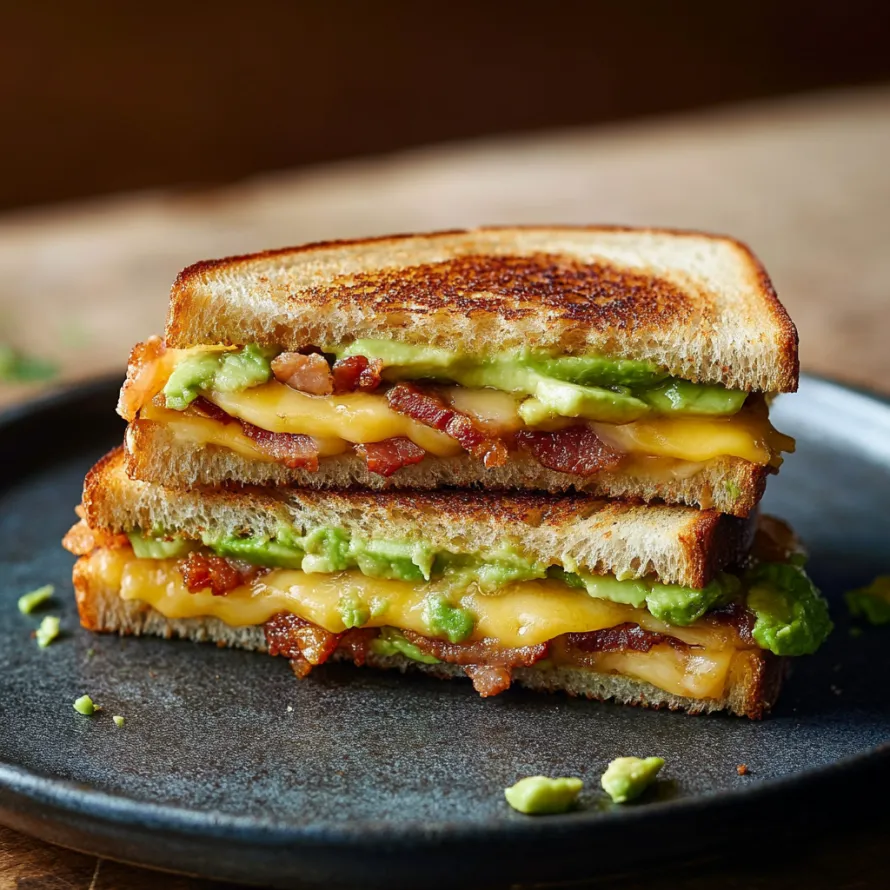 A sandwich with bacon and avocado on a plate.