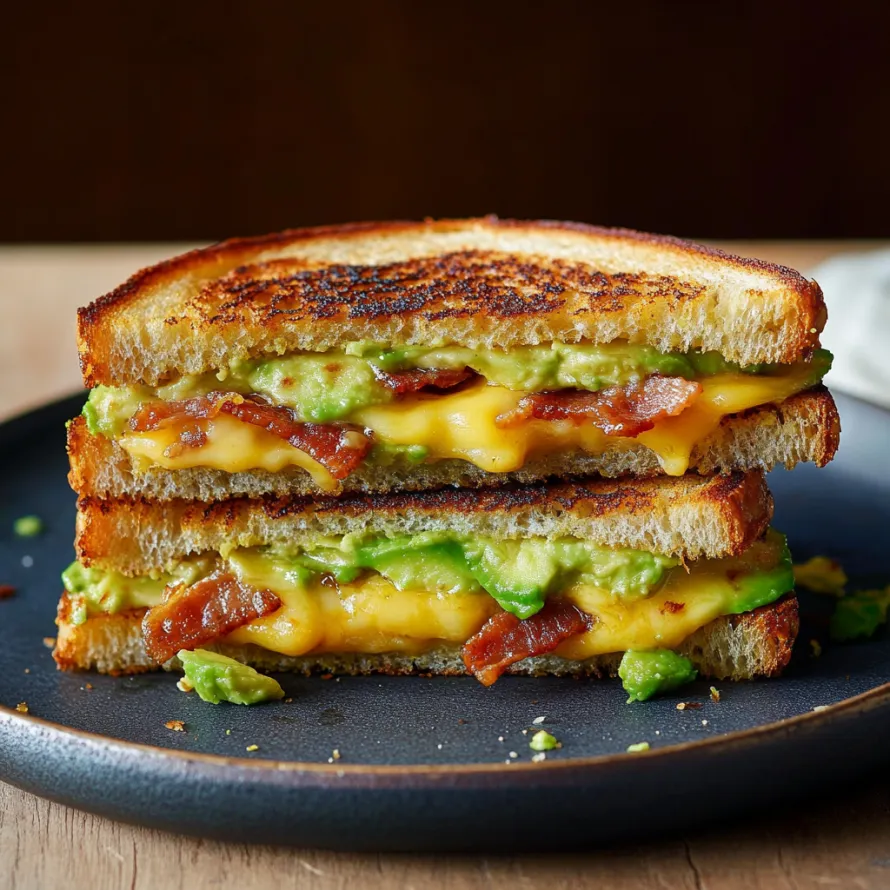 A sandwich with bacon and avocado on a plate.