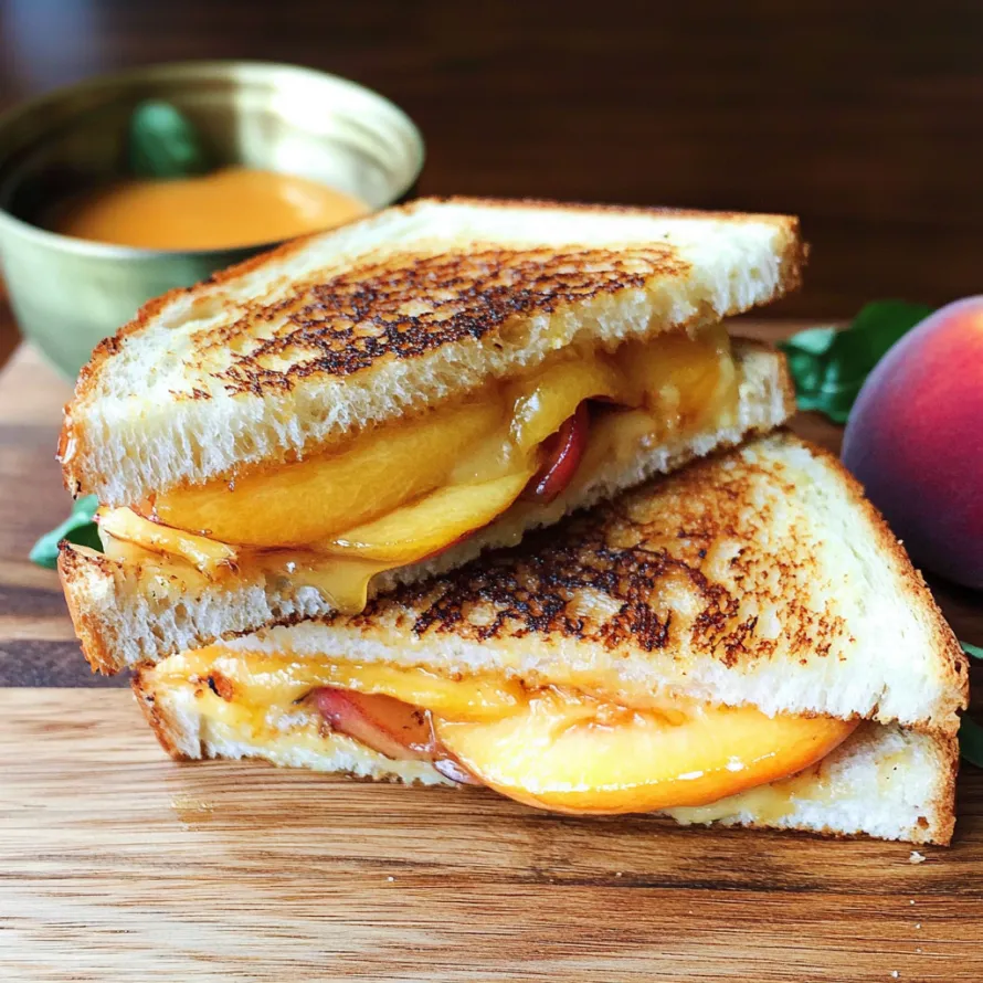 A sandwich with peaches and cheese.