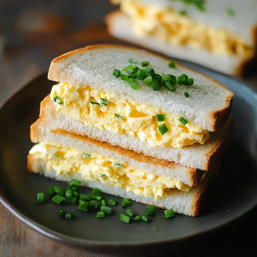 Two slices of bread with egg salad on top.
