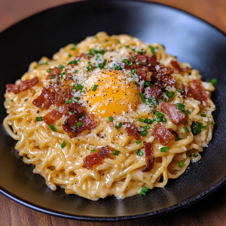 A plate of pasta with a fried egg on top.