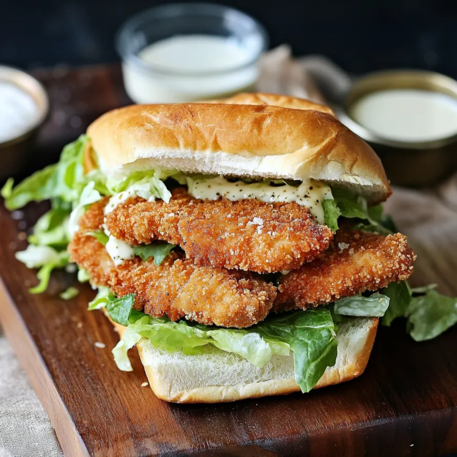 A sandwich with lettuce, cheese, and fish on a wooden tray.