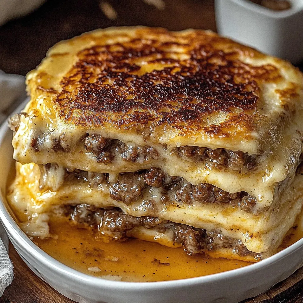 A stack of three pancakes with cheese on top.