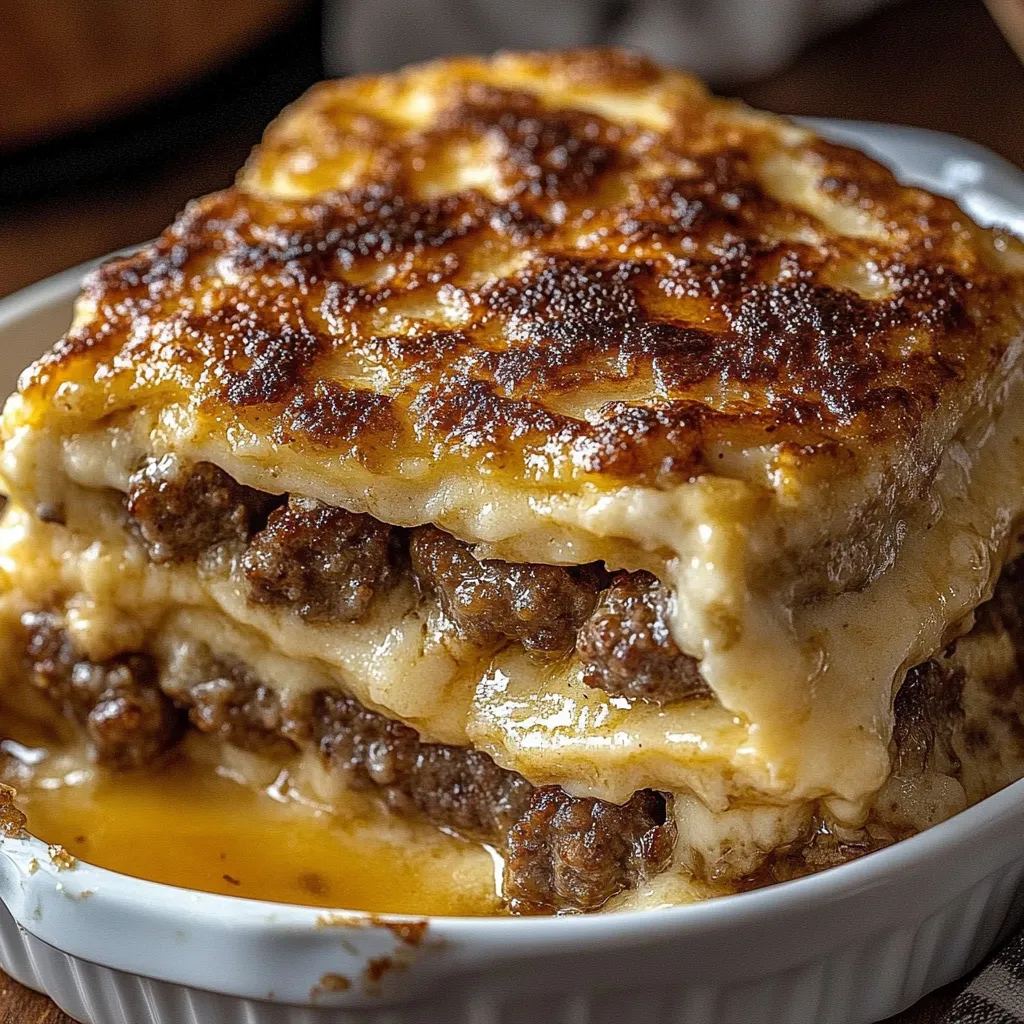 A stack of lasagna in a white bowl.