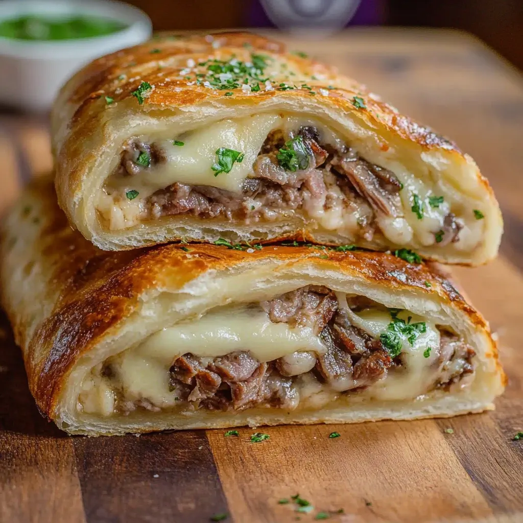 Two pieces of meat with cheese on a wooden table.