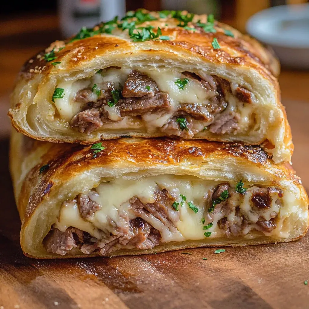 A close up of a meat and cheese filled pastry.