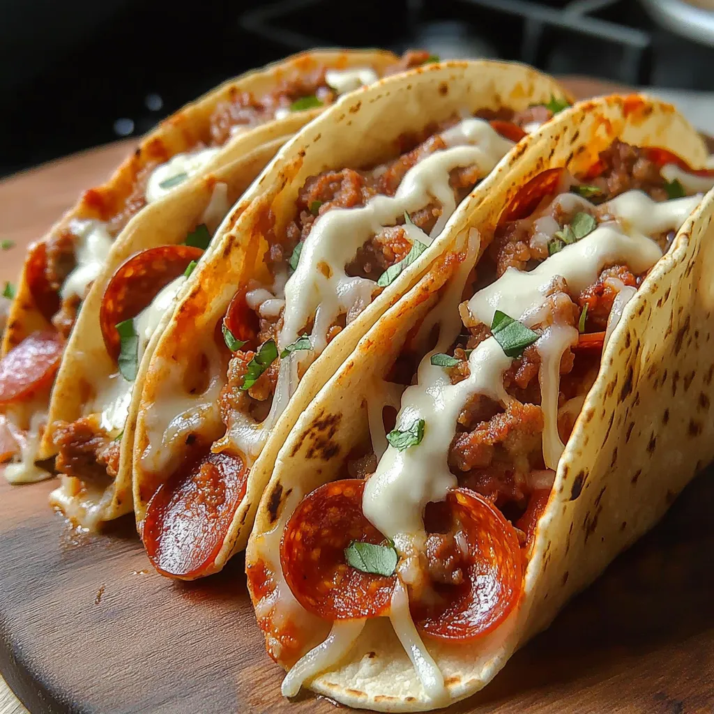 Two pepperoni pizza tacos on a wooden table.