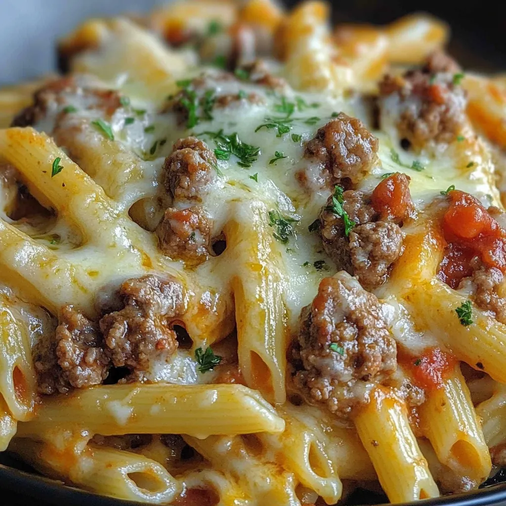 A bowl of pasta with meat and cheese.