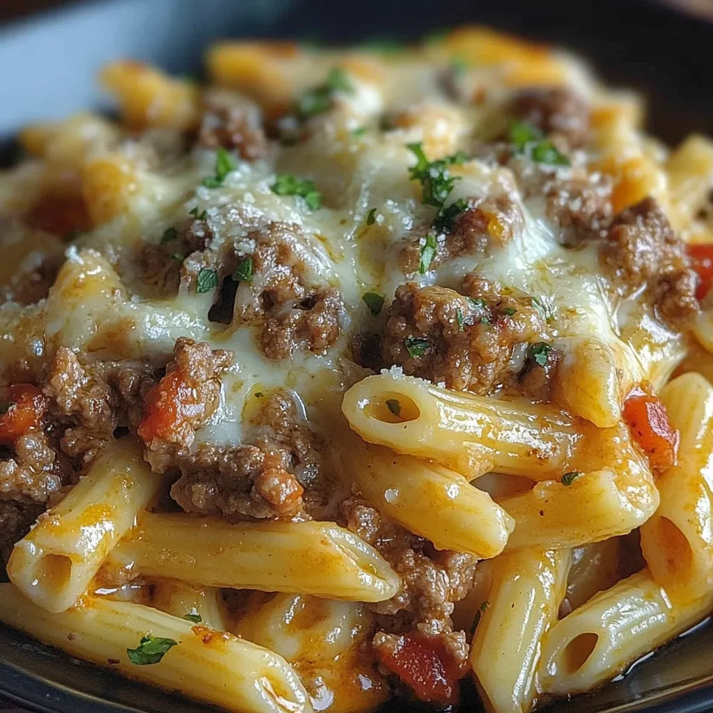 A bowl of pasta with meat and cheese.