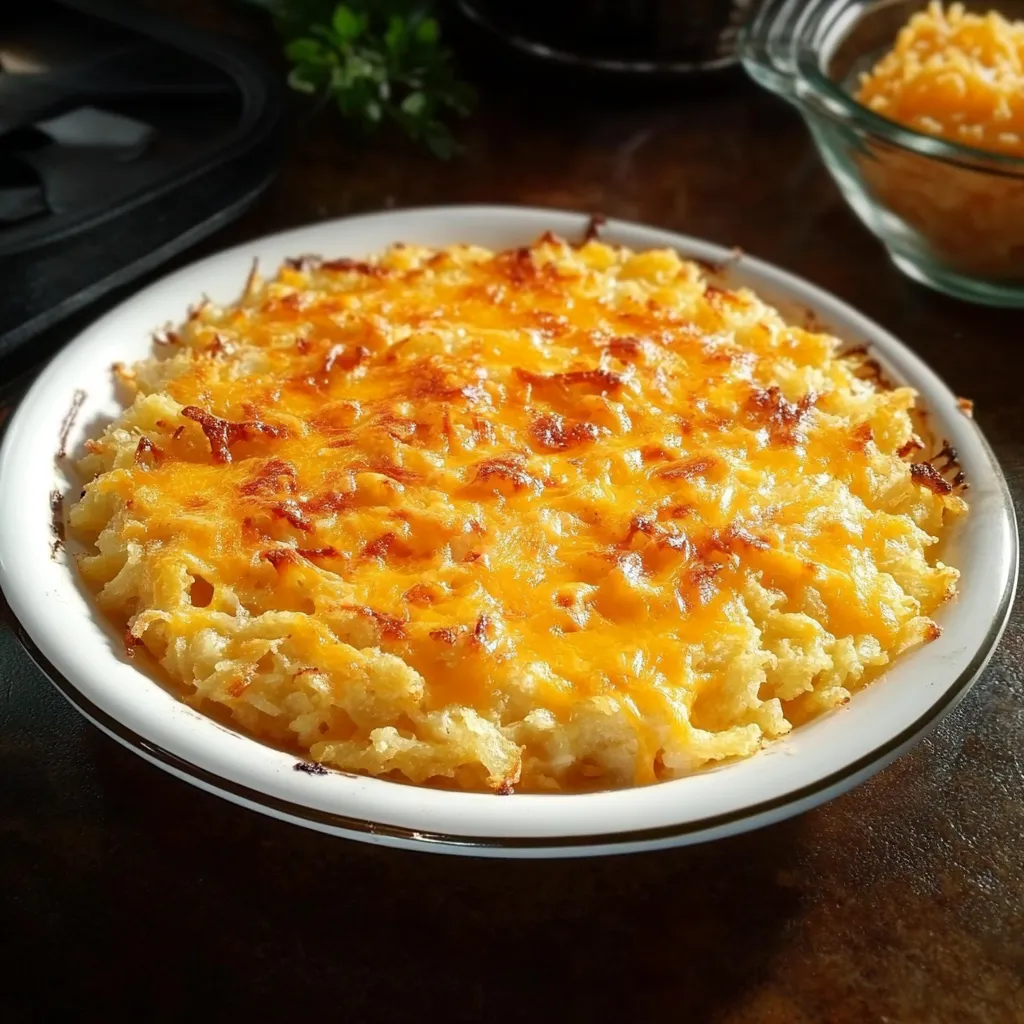 A white bowl with a cheesy casserole in it.