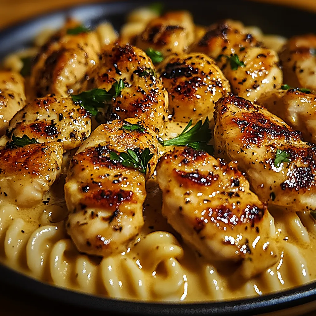 A plate of food with chicken and pasta.