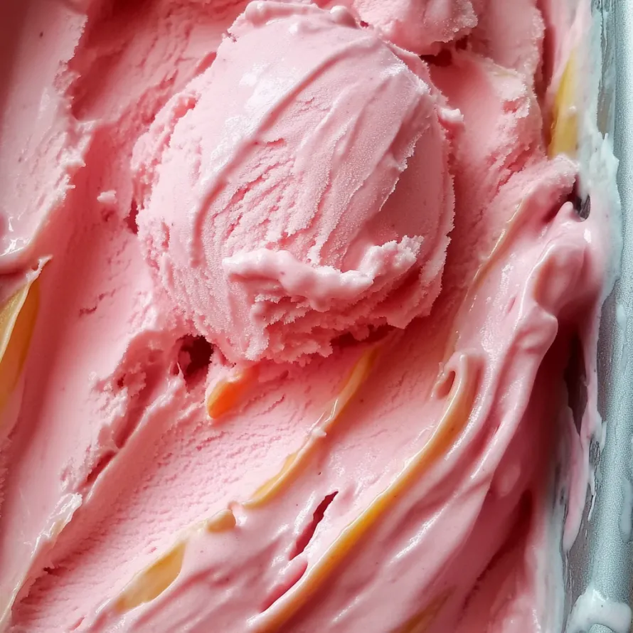 Pink ice cream with a bite taken out of it.