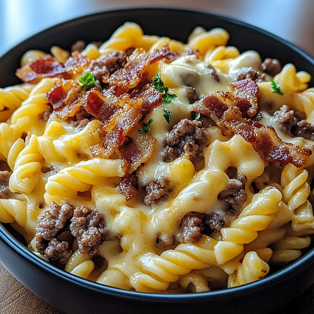 A bowl of pasta with bacon and cheese.