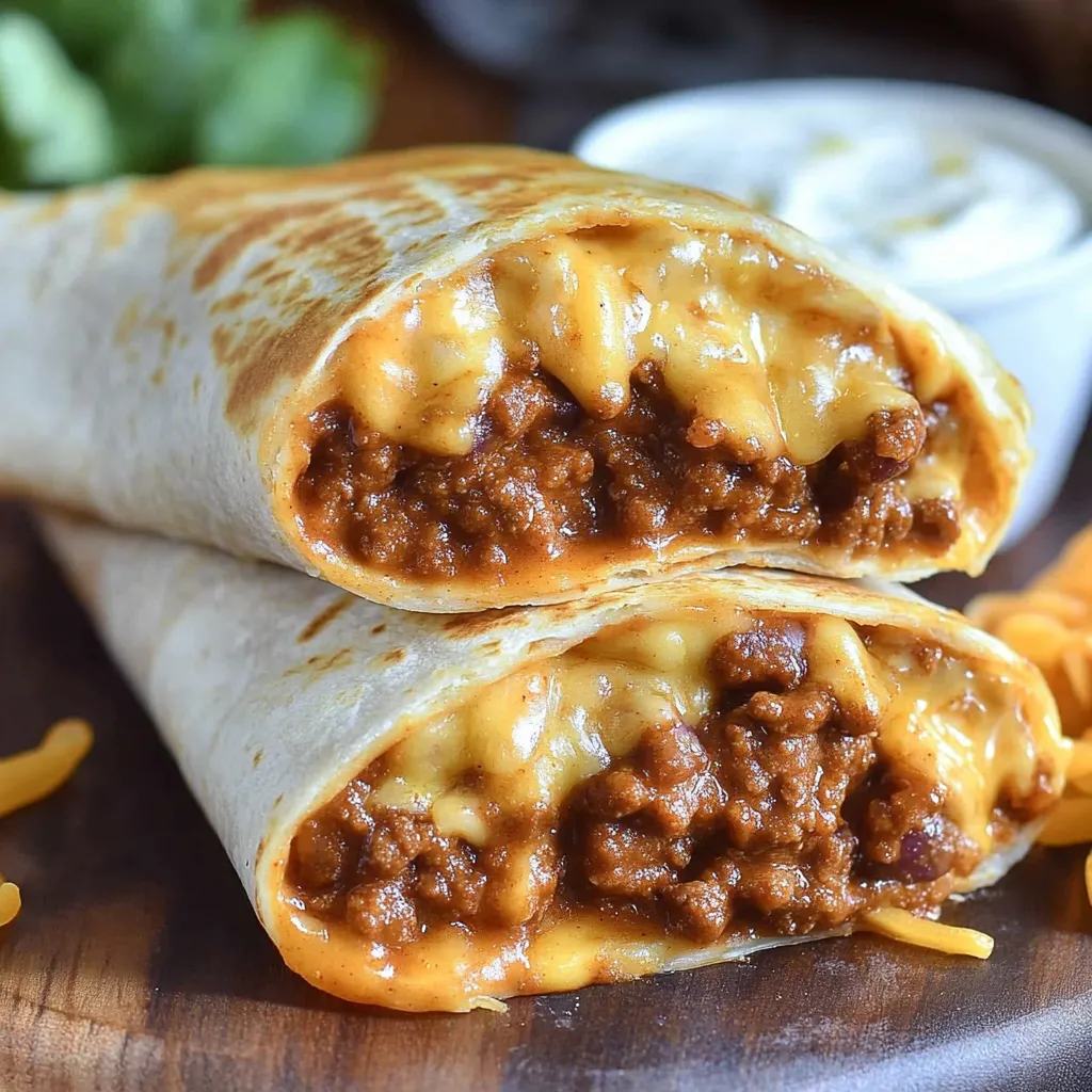 A burrito with chili and cheese.