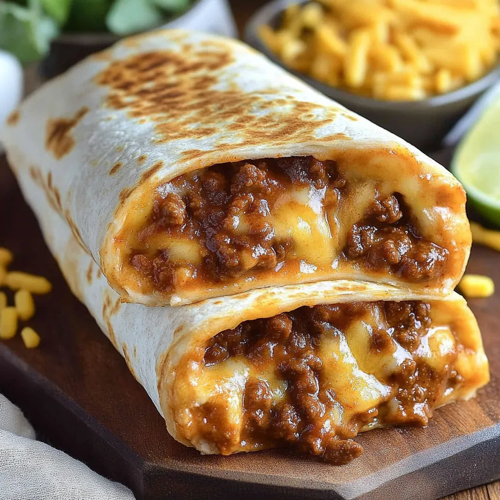 A burrito with cheese and meat on a wooden table.