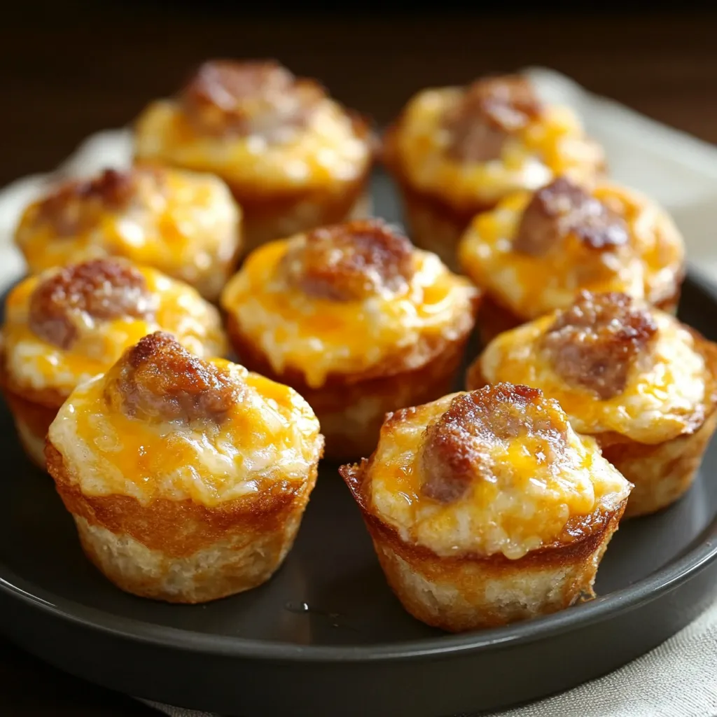 A plate of miniature pizzas with cheese and sausage.
