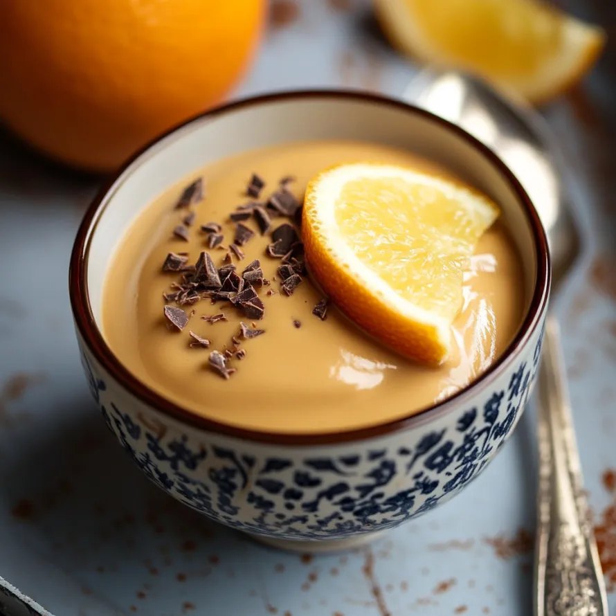 A bowl of chocolate with a lemon wedge on top.