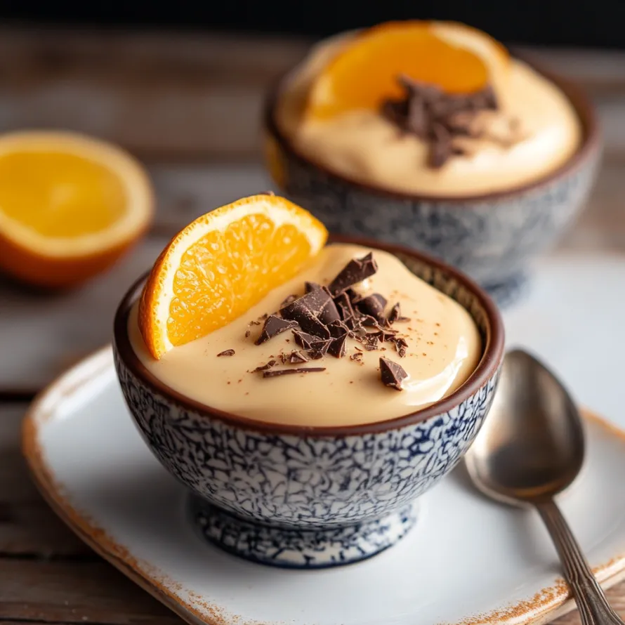 Two bowls of orange and chocolate dessert.