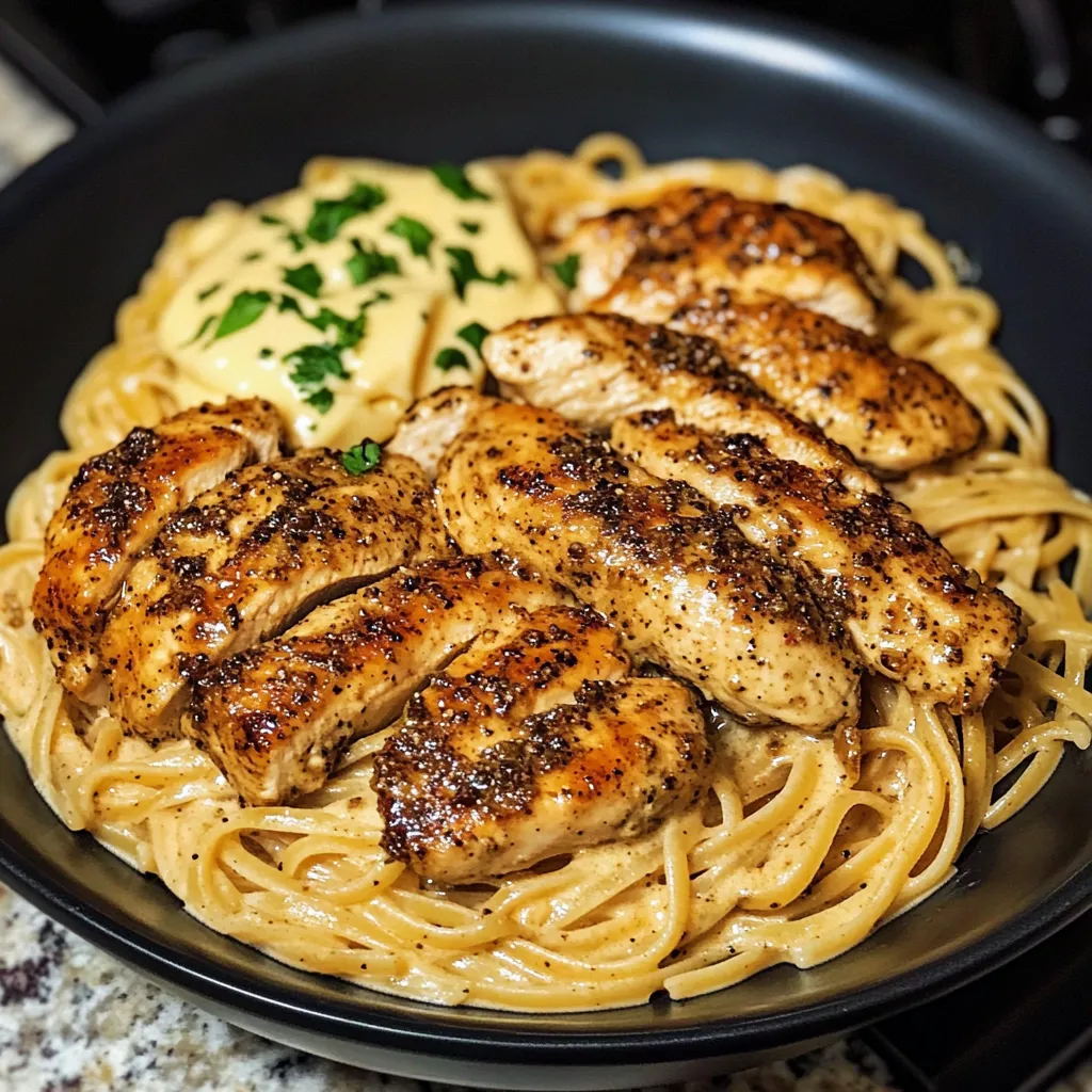 A bowl of pasta with chicken and sauce.