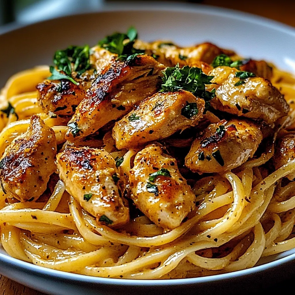 A bowl of pasta with chicken on top.