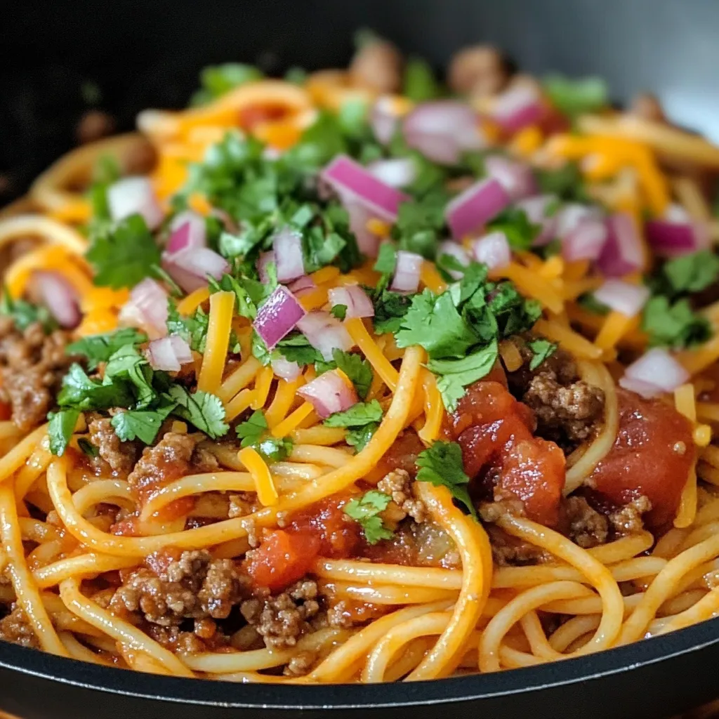 A bowl of spaghetti with meat and vegetables.