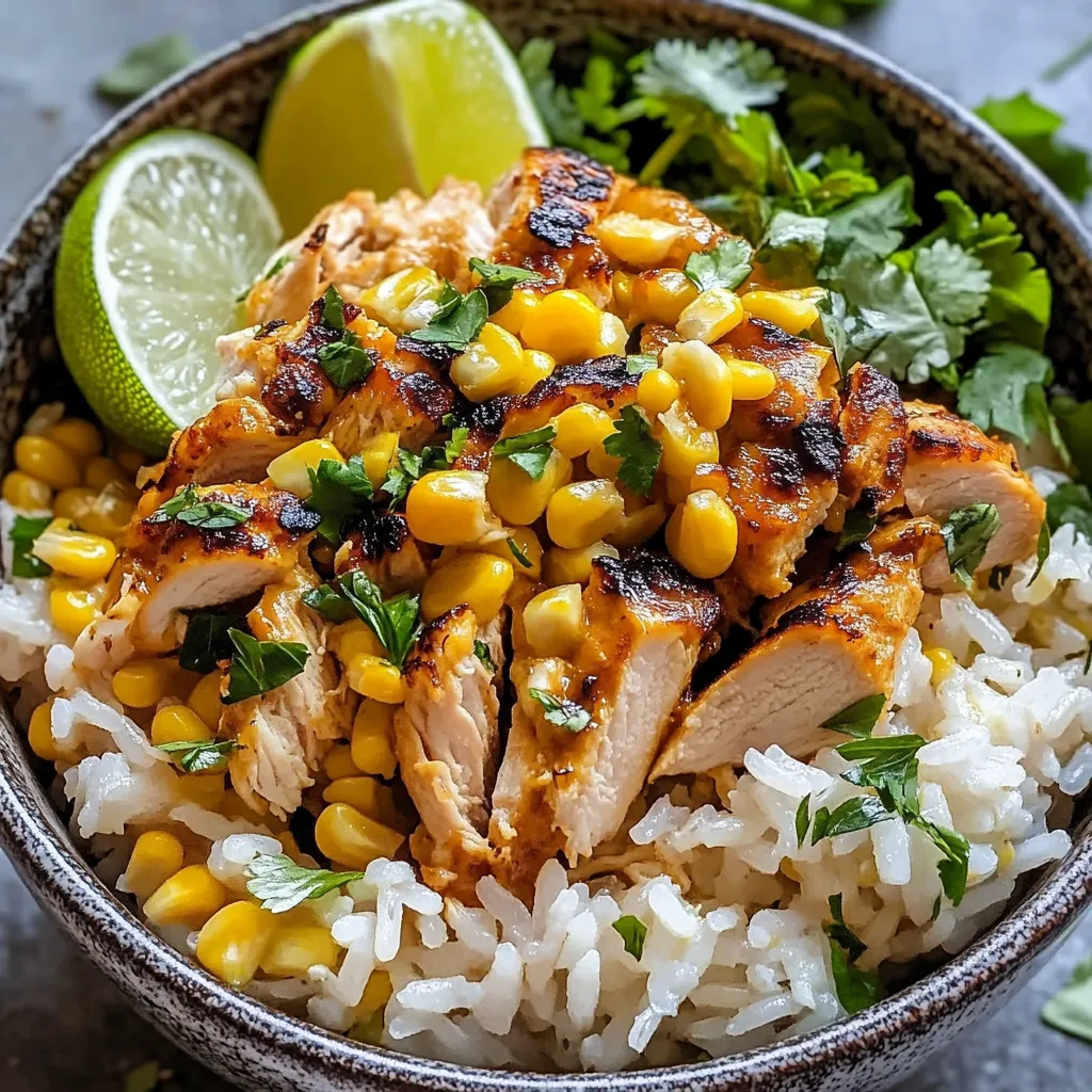 A bowl of rice with chicken and corn.