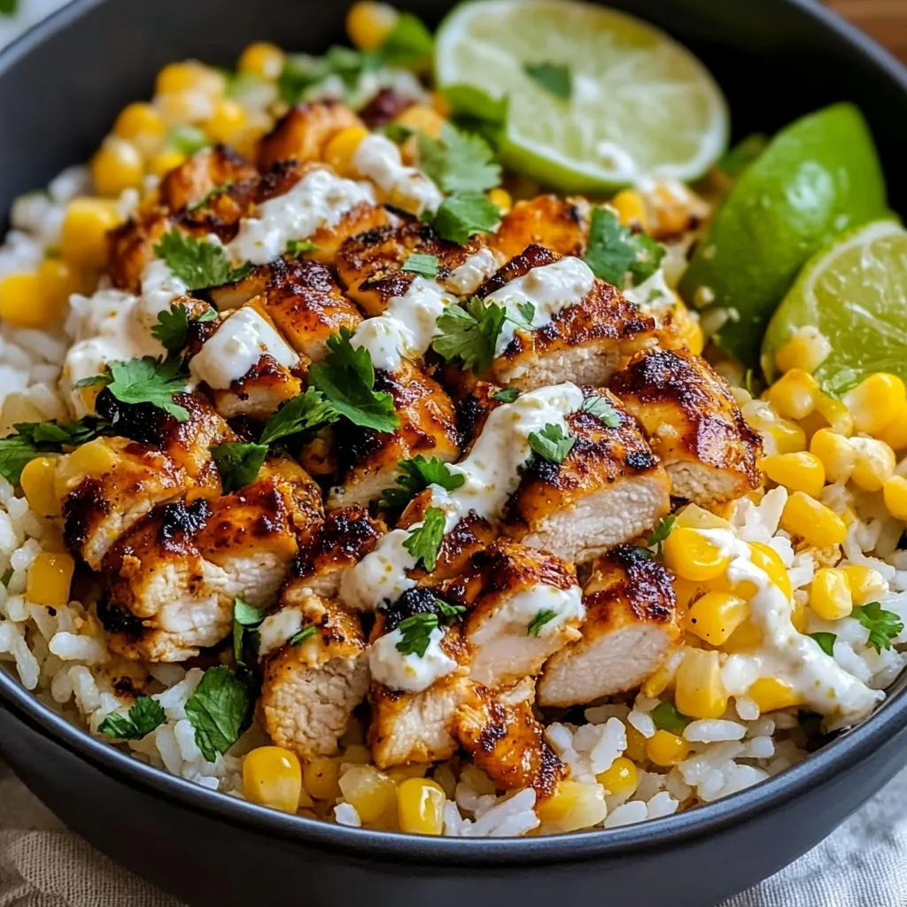 A bowl of food with rice, chicken, lime, and corn.